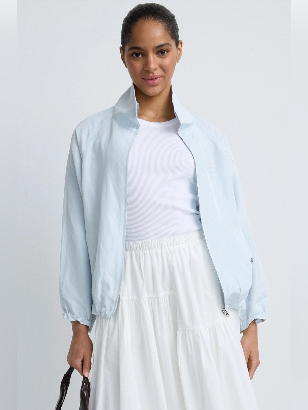Sandro Stand Collar Oversized Jacket Light Blue Women's Zip-Front  FR 34 US 2-4